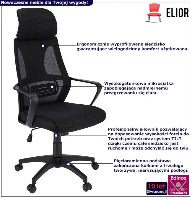 Czarne nowoczesne krzesło biurowe obrotowe ergonomiczne - Locarno