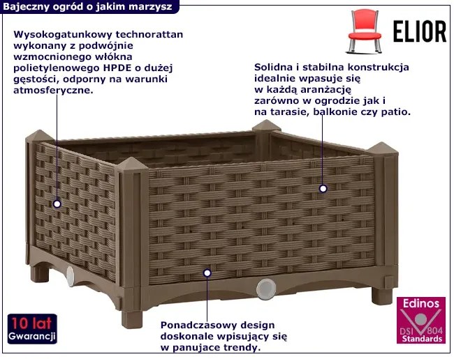 Brązowa kwadratowa donica z technorattanu - Athena