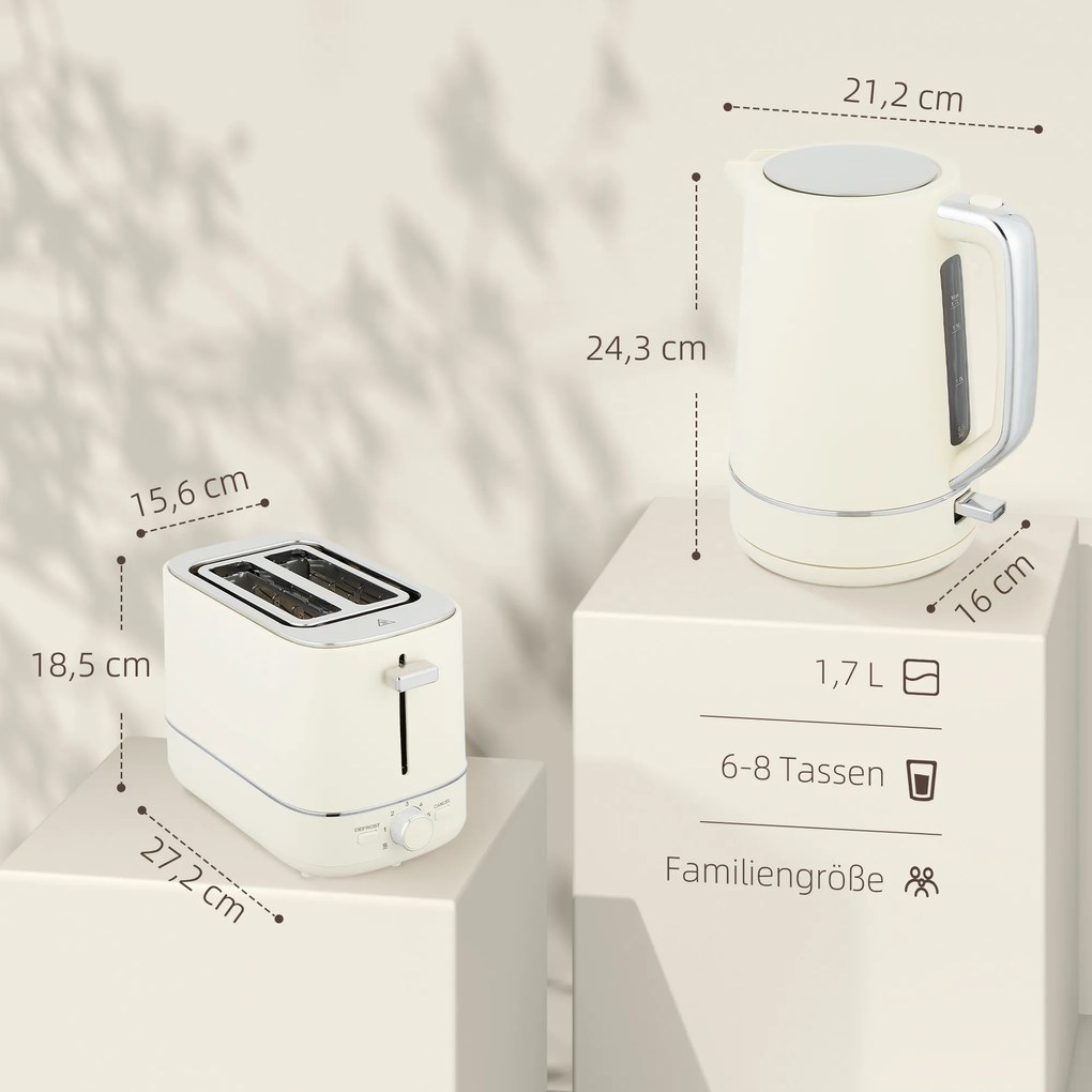 HOMCOM Zestaw czajnika 1,7 L i tostera z 6 poziomami brązowienia, Beżowy