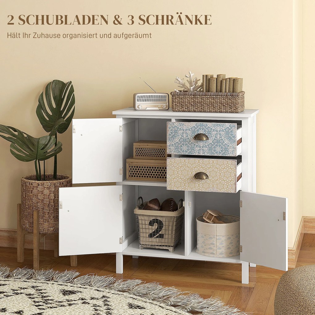 HOMCOM Komoda drewniana biała styl Shabby Chic 2 szuflady 3 szafki 68x34x80 cm | Aosom PL