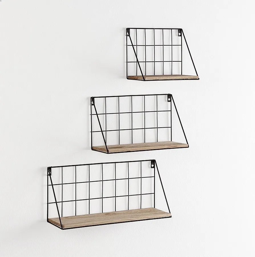 Zestaw trzech półek ściennych Amede z metalu w kolorze czarnym i drewna paulownia.
