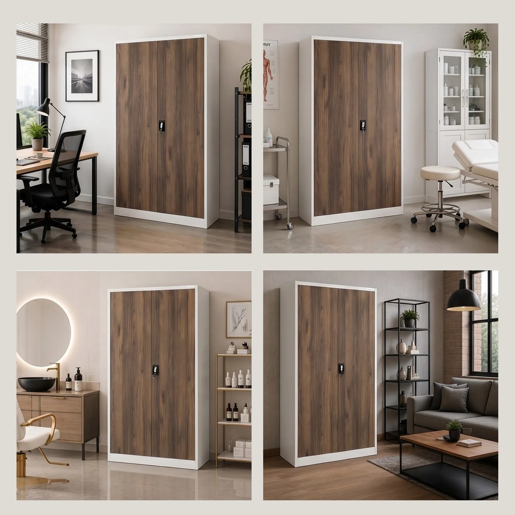 Szafa biurowa metalowa na akta, szeroka, biała/orzech, 1150x1850x400 mm: JAN II Eco Design