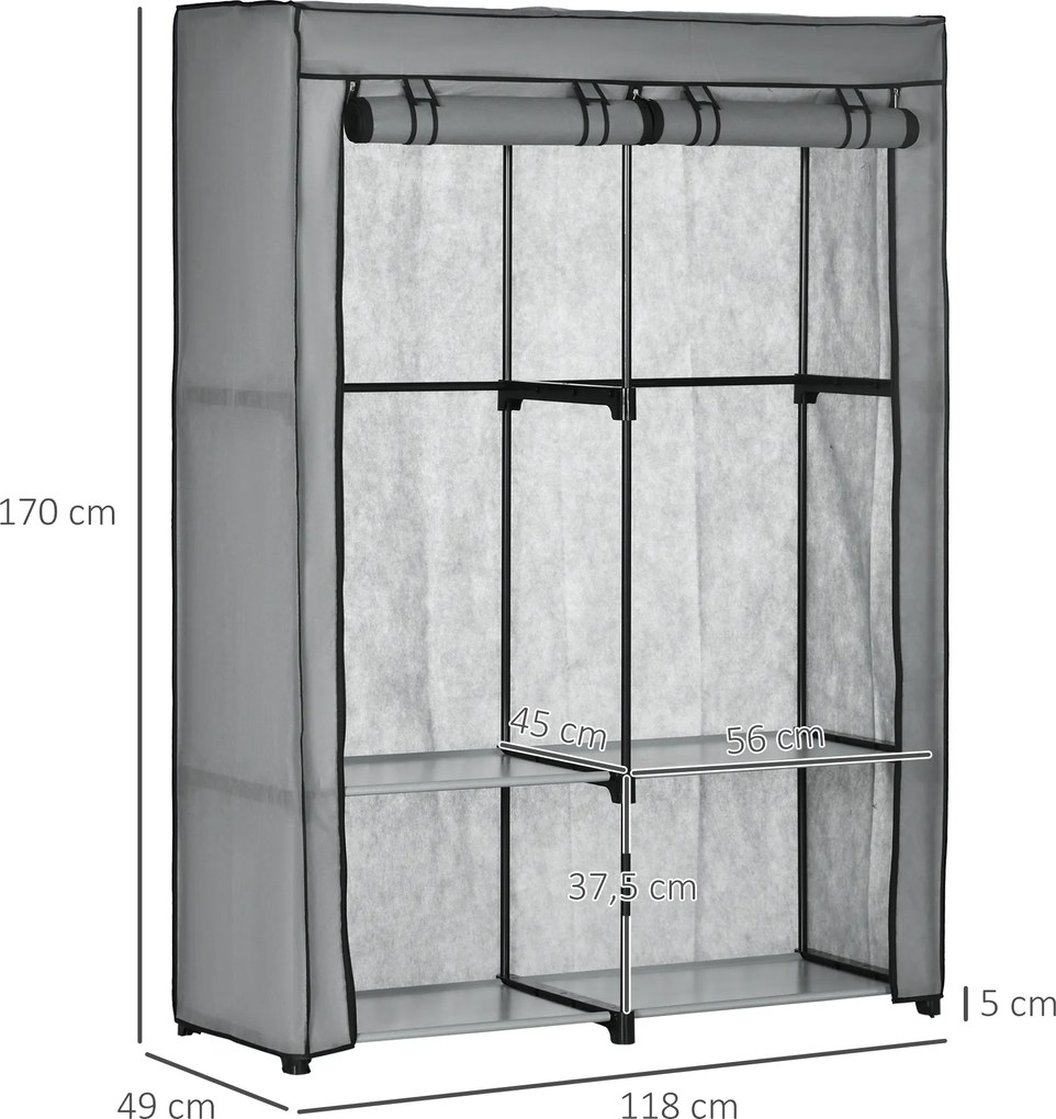 HOMCOM Szafa na Ubrania z Tkaniny 4 Półki Drążki Jasnoszara 118x49x170cm | Aosom PL