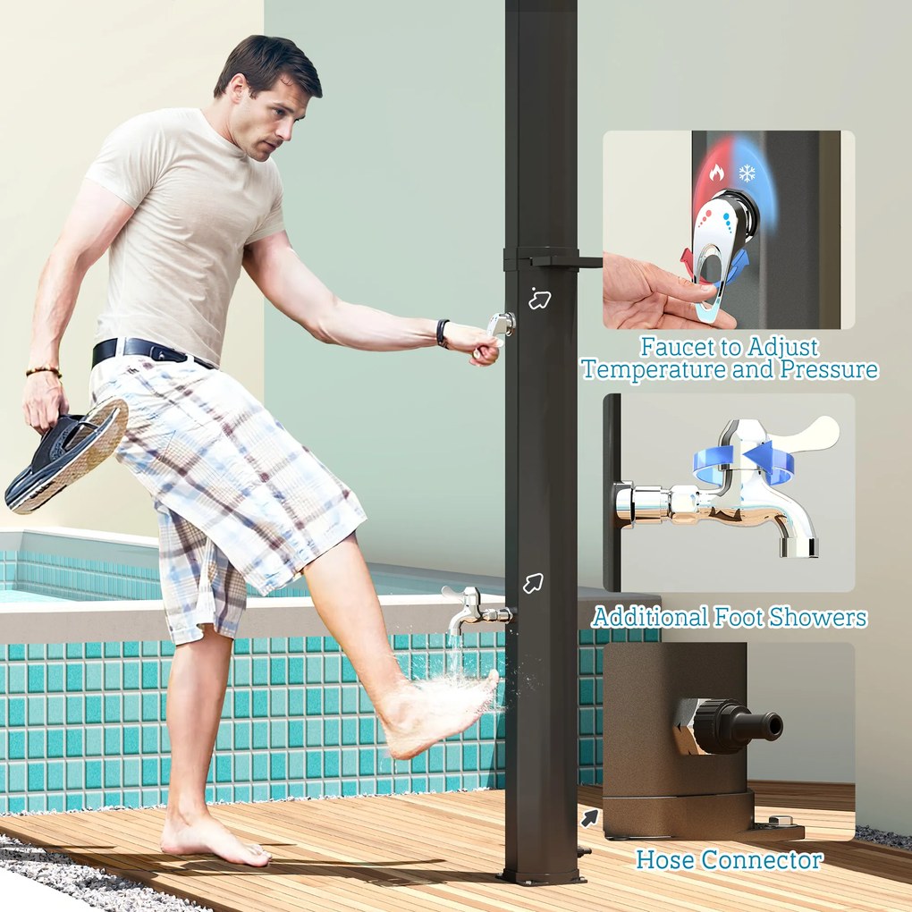 Outsunny Prysznic Solarny 35 litrów z Kranem, Głowicą Prysznicową i Boczną Półką, do 55°C Czarny