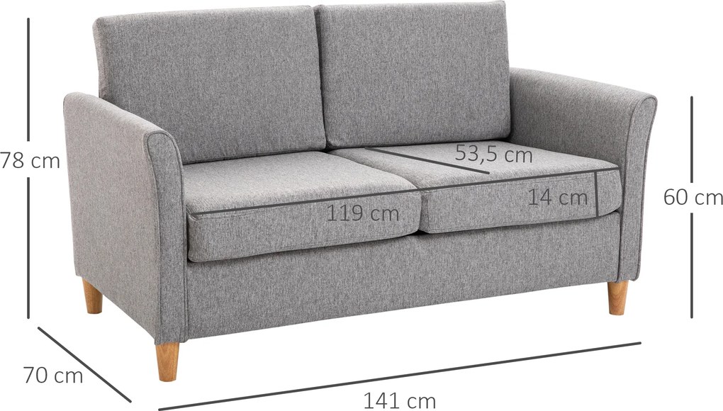 Homcom® Sofa 2-osobowa Zdejmowane Pokrowce Obciążenie Do 200 Kg Len Pianka Jasnoszary 141 X 65 X 78 Cm