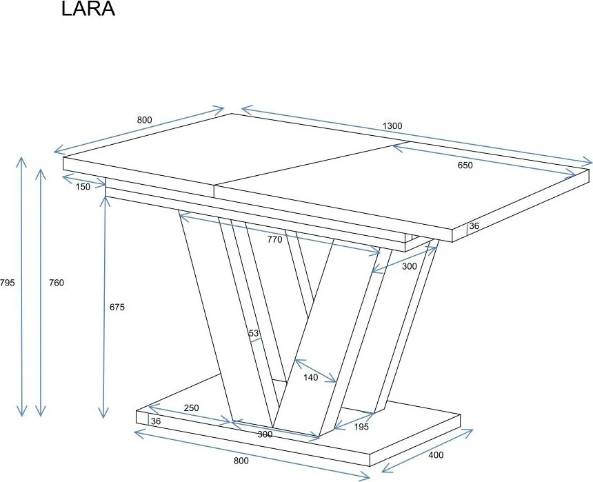 Stół z podstawą w kształcie litery V Lara rozkładany od 130 do 210 kaszmir
