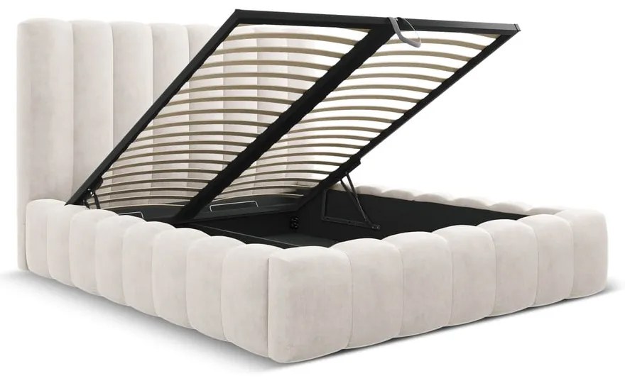 Kremowe tapicerowane łóżko dwuosobowe ze schowkiem i stelażem 200x200 cm Kelp – Micadoni Home