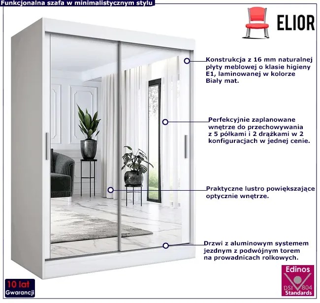 Biała szafa przesuwna z lustrem 150 cm - Kukkin 4X
