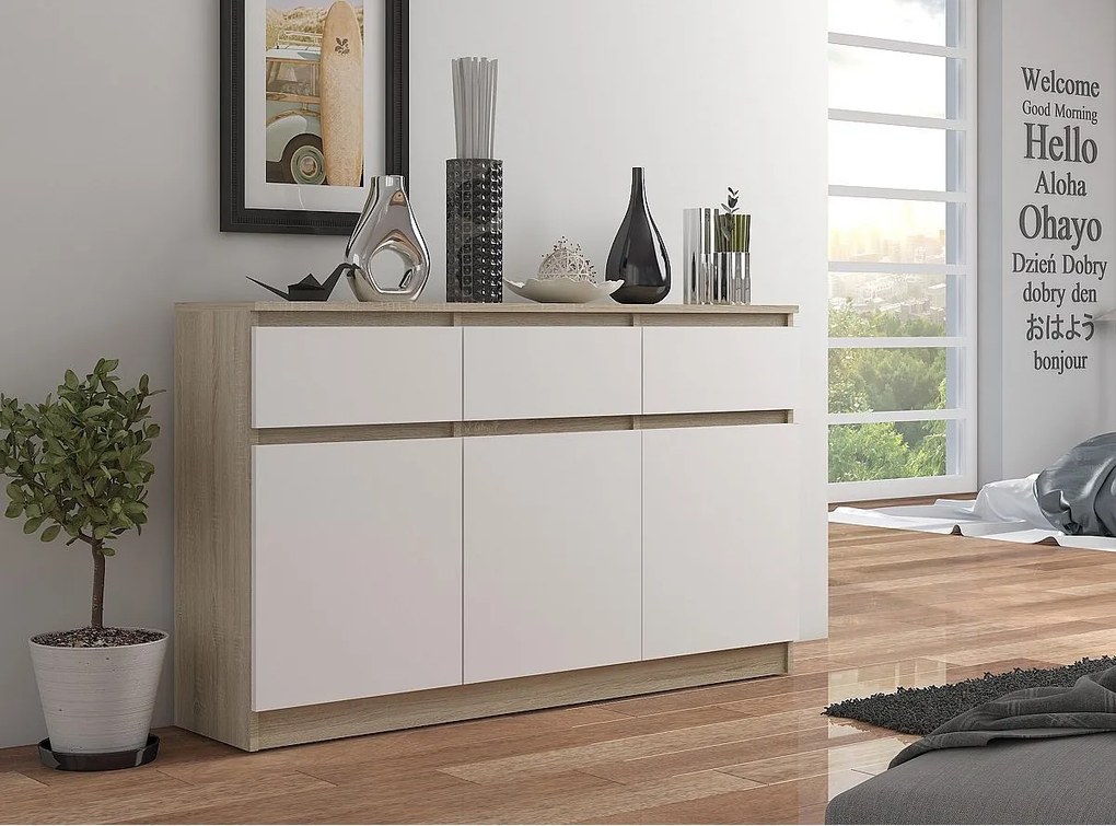 Komoda AKORD K140 Dąb Sonoma 138 cm 3 drzwi 3 szuflady kolor Biały mat 6 półek 138x40x99 cm
