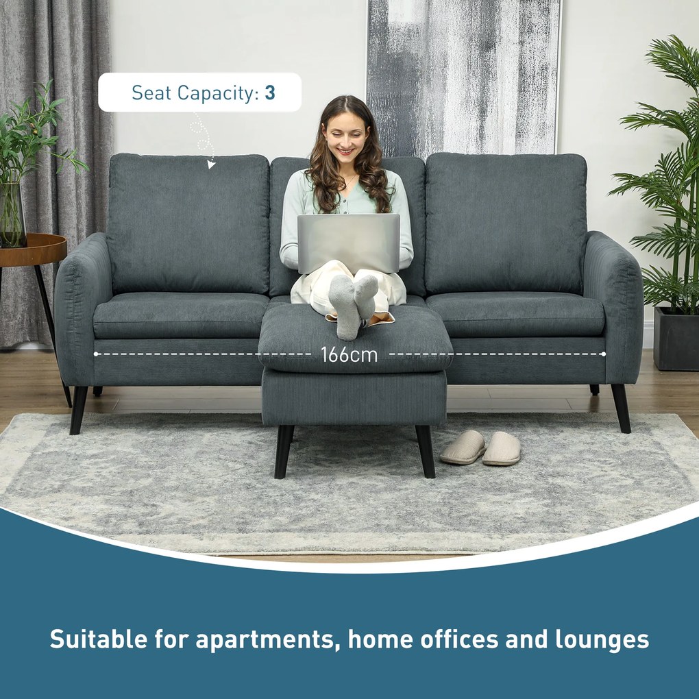 HOMCOM Sofa narożna, 3-osobowa sofa z pufą, Obicie z tkaniny, Zestaw sof L-kształt, Ciemnoszary