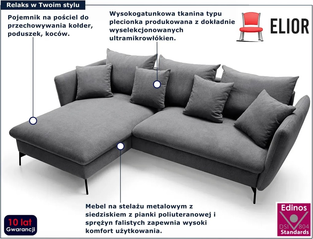 Ciemnoszara kanapa narożna rozkładana N8-C33