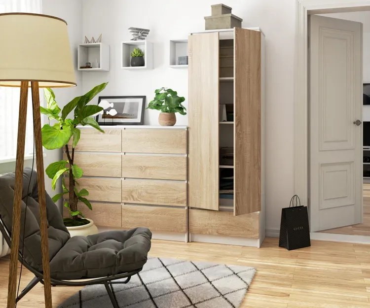 Minimalistyczny regał do salonu biały + dąb sonoma - Evon 3X