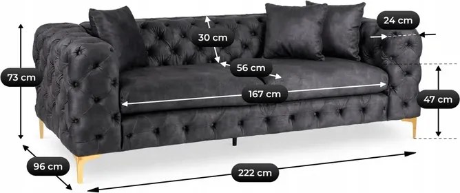 Sofa SORRENTO 3S Trzyosobowa Czarna Welurowa Glamour
