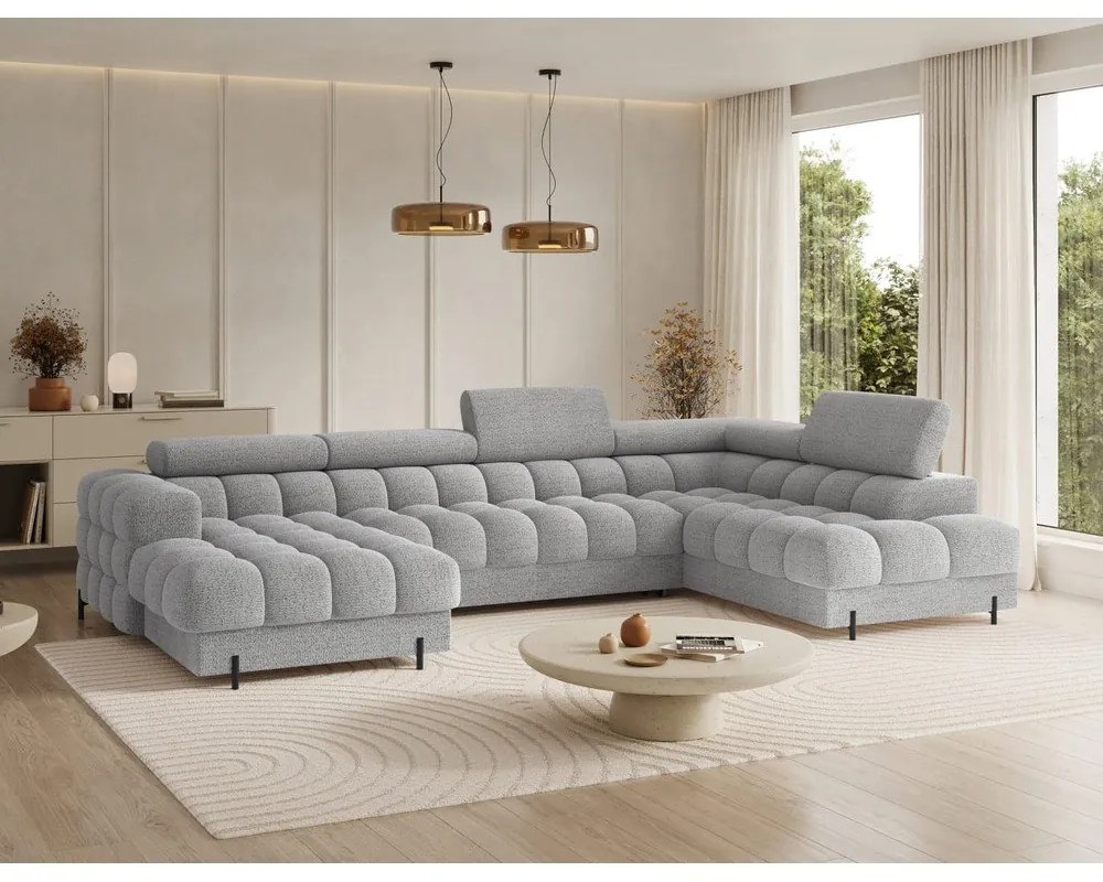 Szary rozkładany narożnik z materiału bouclé (prawostronny/w kształcie litery U) Feraria – ELTAP