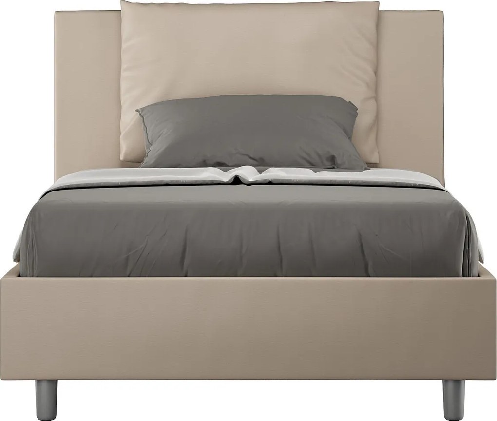 Łóżko wyposażone w stelaż z listwami tapicerowane 120x190 sztucznej skóry szaro-beżowy Antea