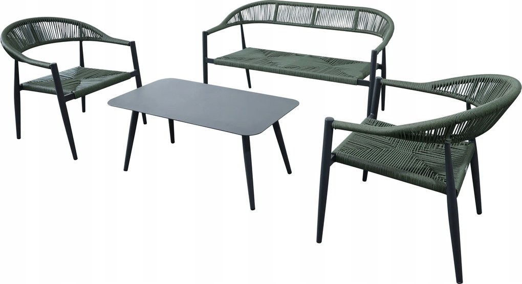 Zestaw mebli ogrodowych ciemnozielony, szara rama, ławka, 2 krzesła, stolik