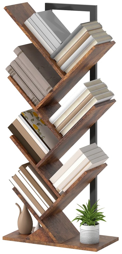 HOMCOM Regał na książki z 7 półkami w formie drzewa do biura, rustykalny brąz