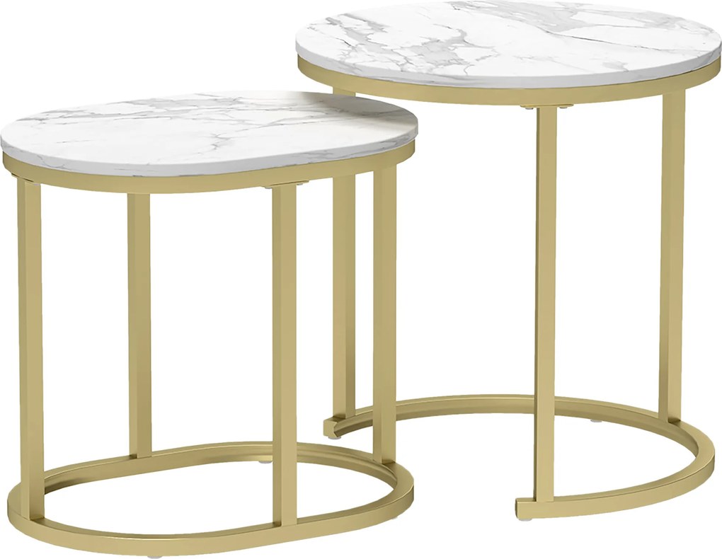 HOMCOM Zestaw 2 stolików kawowych, Okrągły i owalny stolik, składane, imitacja marmuru, Stal, Ø50 x 50,5 cm, Biały