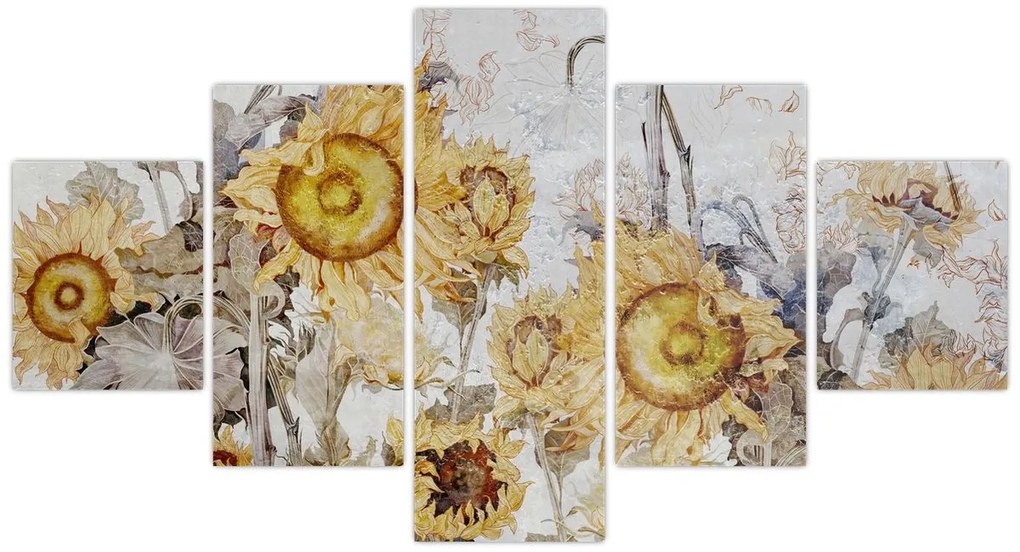 Obraz - Słoneczniki na ścianie (125x70 cm)