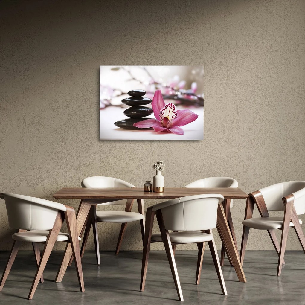 Obraz na szkle - kamienie do masażu i storczyki (70x50 cm)