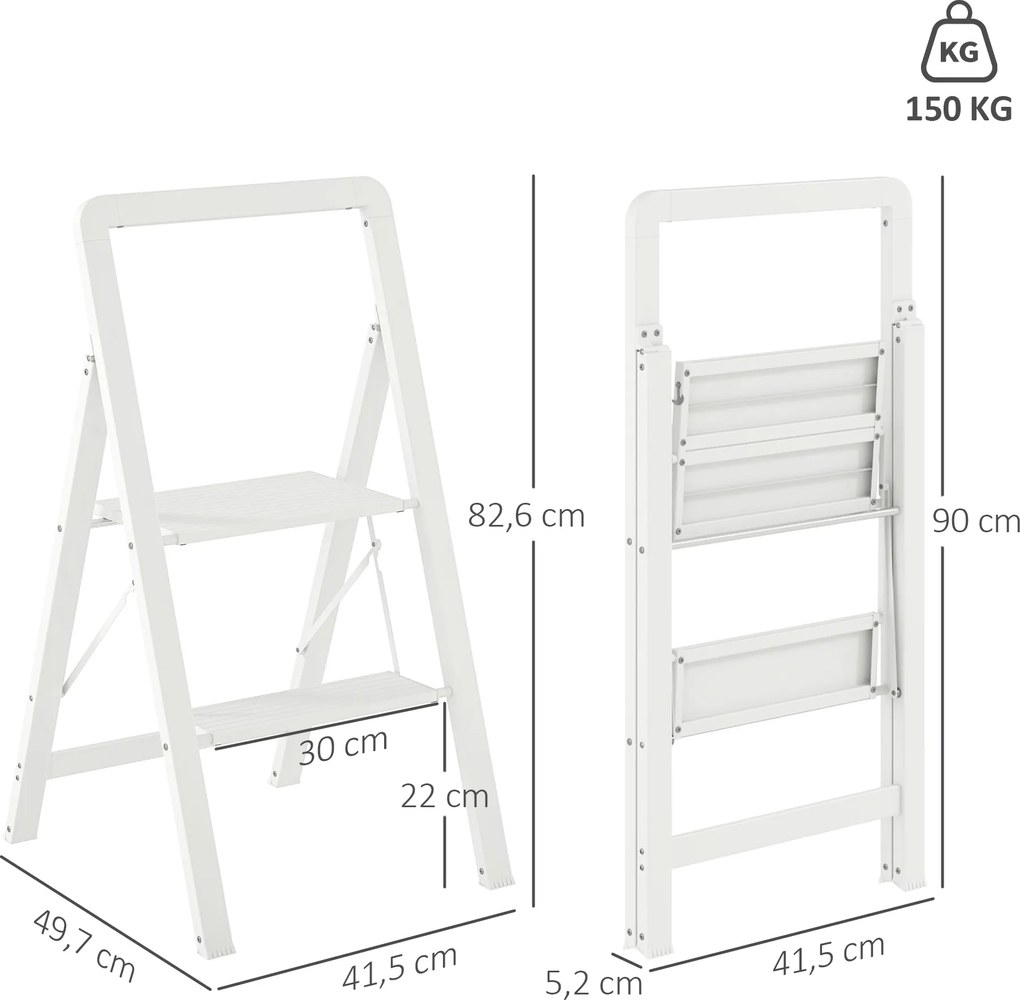 HOMCOM Drabina 2-stopniowa, Składana, Antypoślizgowa Platforma, Biała