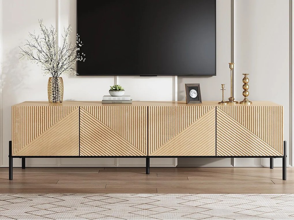 Nowoczesne meble TV 163,5x40x45 cm - Przechowywanie 4 drzwiowe - Faktura 3D - MDF - Naturalny