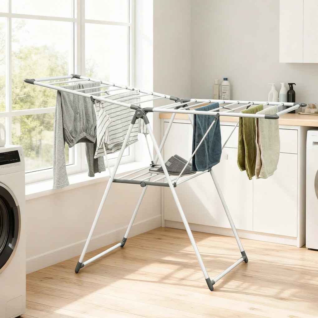 HOMCOM Suszarka stojąca 1,565 m długości suszenia, składana suszarka z 2 poziomami, regulowane skrzydła, suszarka skrzydłowa, Biała