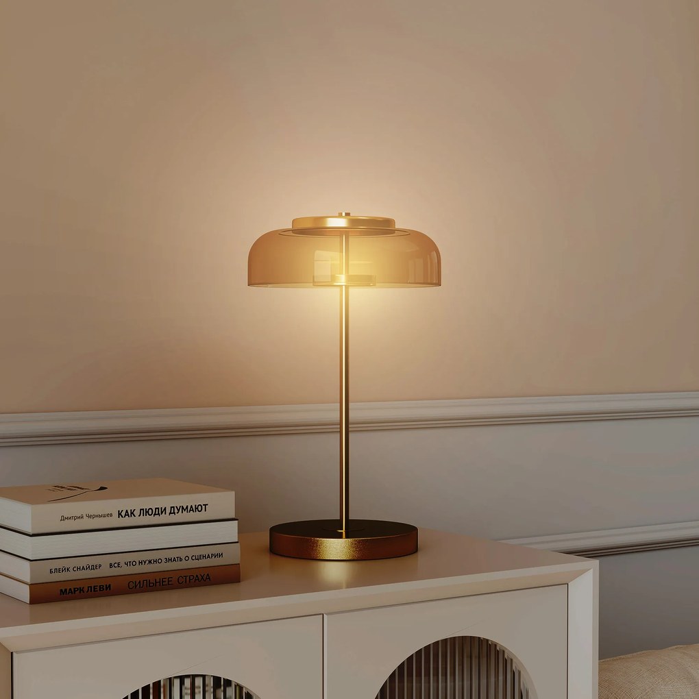 HOMCOM Lampka stołowa z ciepłym światłem LED, metalowa podstawa, bursztynowy szklany klosz, Ø23 x 40H cm, złota