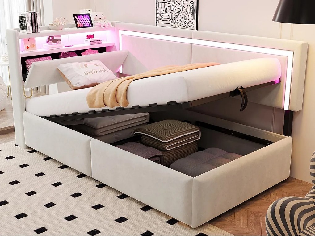 Rozkładana sofa 90x200cm - z oświetleniem LED - z portami USB - tkanina welurowa - beżowy​ (materac nie jest wliczony w cenę)