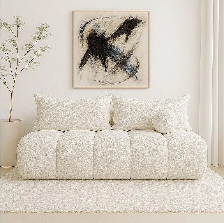 BESILIO Obła kanapa rozkładana Glomi - tkanina boucle, sofa z funkcją spania- Biały