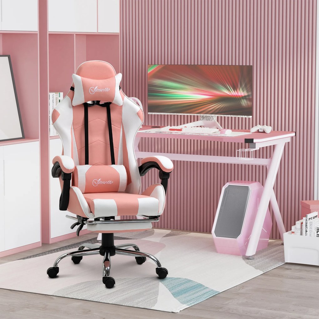 Vinsetto Fotel gamingowy ergonomiczny krzesło komputerowe z regulacją wysokości i zagłówkiem różowy biały | Aosom PL