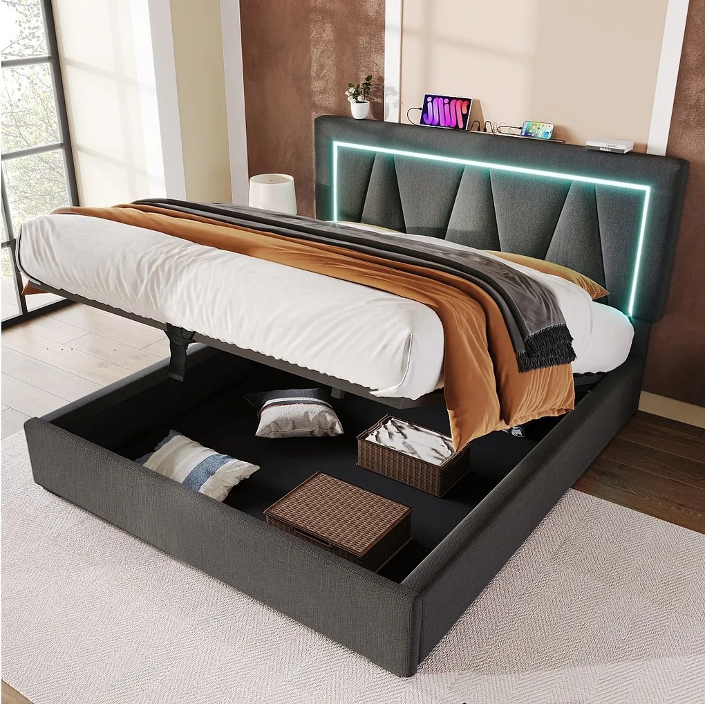 Łóżko 160x200 cm z pojemnikiem - łóżko dla dorosłych z oświetleniem LED i ładowaniem USB - szary len - bez Materac