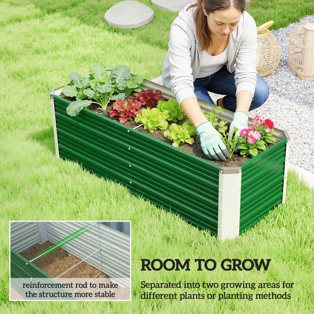 Outsunny Metalowe Łóżko Ogrodowe z 2 Obszarami Upraw Zielone 125x47x40cm Łatwy Montaż z Otwartym Dołem | Aosom PL