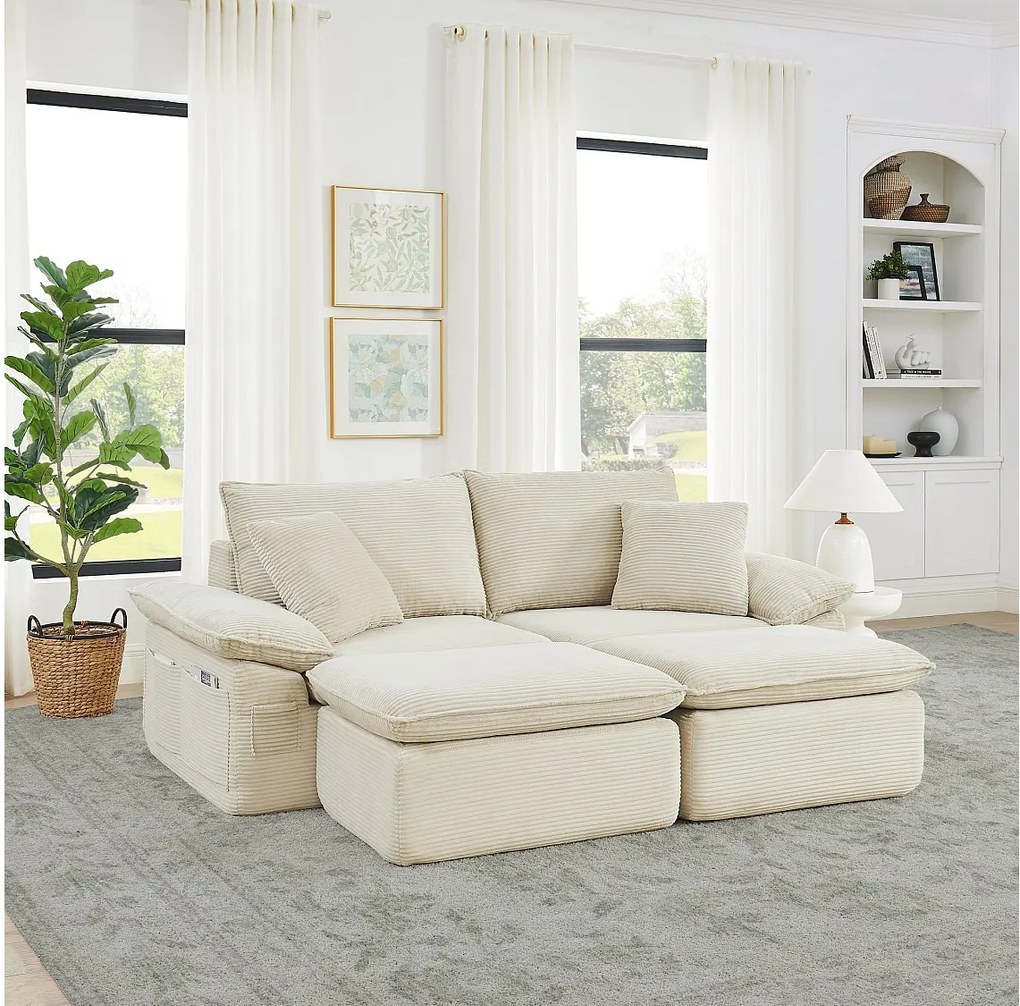 2-osobowa sofa modułowa z podnóżkiem i kieszeniami do przechowywania, z tkaniny, beżowa