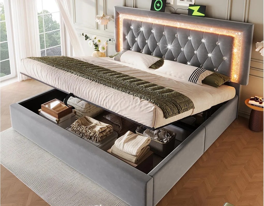 Łóżko tapicerowane ze schowkiem 140x200cm z weluru - z oświetleniem LED - z portami USB i Type-C - z stelażem lamelowym - Szary​ (bez materaca)