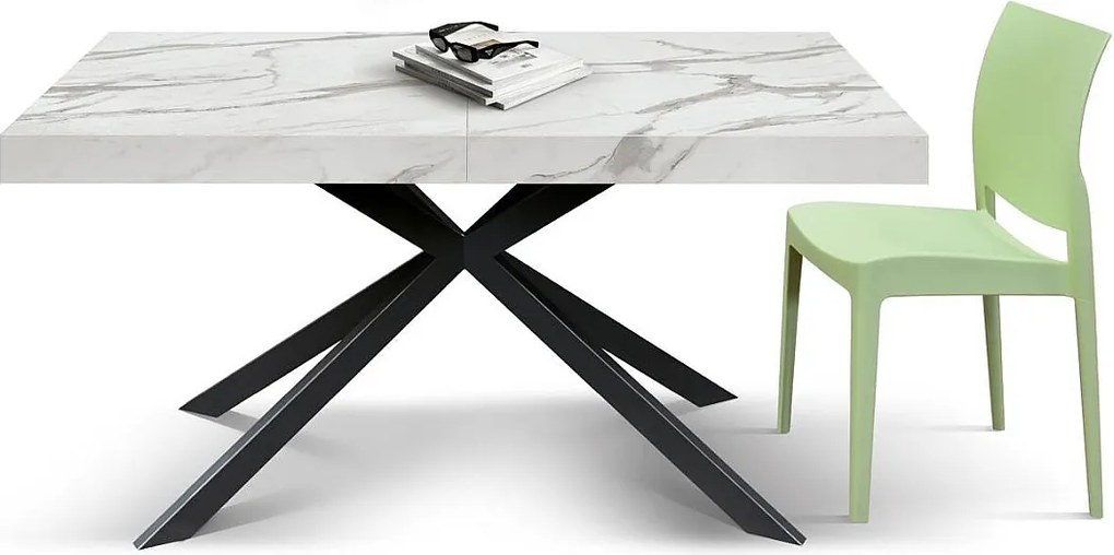 Stół drewniany, białe wykończenie i czarne nogi X, rozkładany 140x90 - 220x90 - CAMAIORE