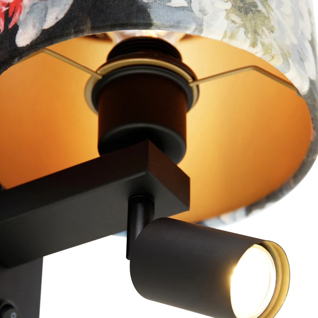 Lampa ścienna czarna z lampką do czytania i kloszem 18 cm kwiatowym - Brescia Nowoczesny Oswietlenie wewnetrzne