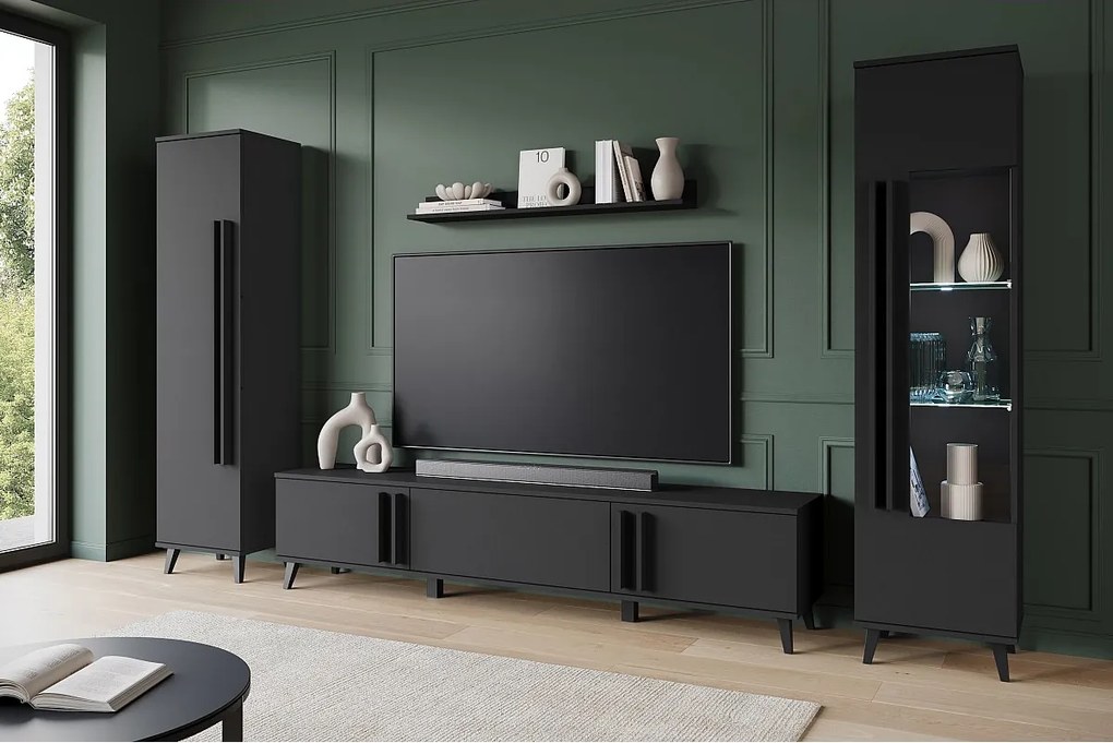 Meblościanka do salonu na nóżkach z LED– zestaw RTV 180 cm, witryna, regał, półka mat Czarny mat