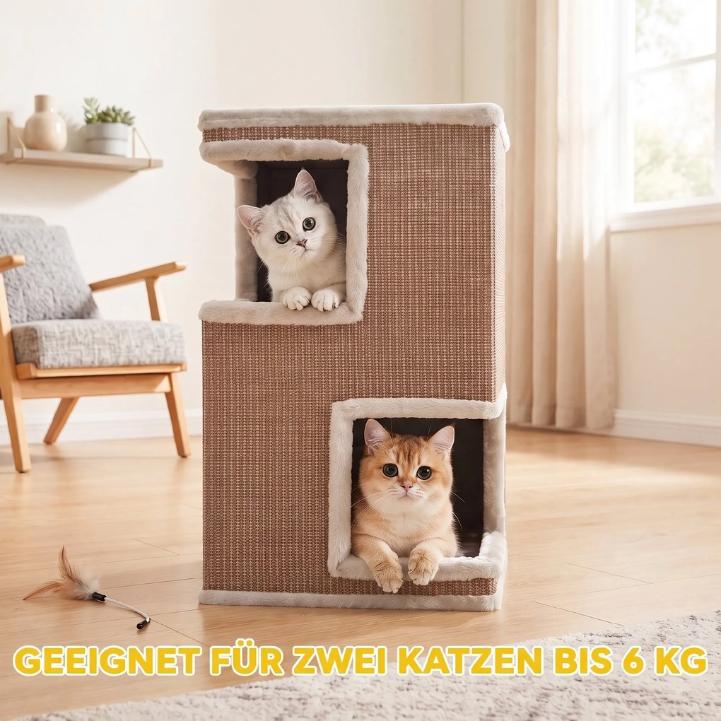 PawHut 3-poziomowa beczka dla kota do wnętrz, półzamknięty domek z powierzchniami do drapania dookoła, 2 kryjówki dla kotów | Aosom PL