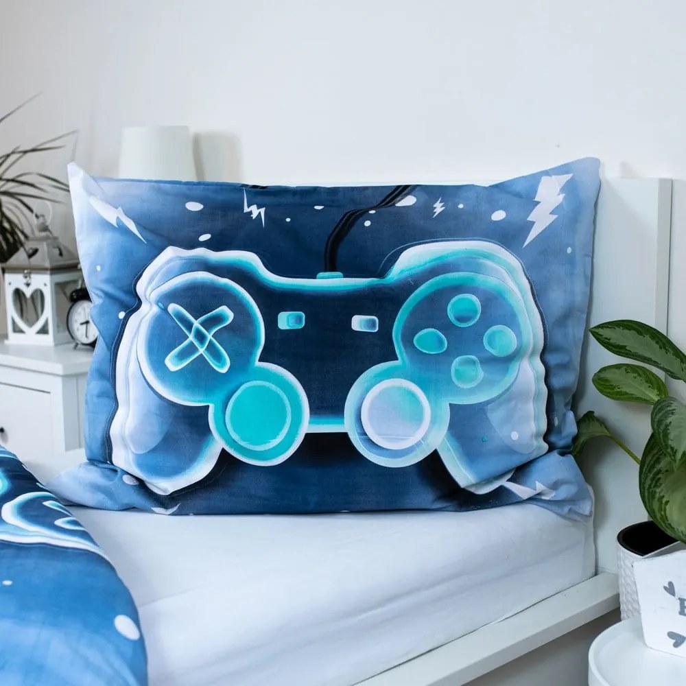 Biało-niebieska bawełniana pościel dziecięca jednoosobowa 140x200 cm Game over – Jerry Fabrics