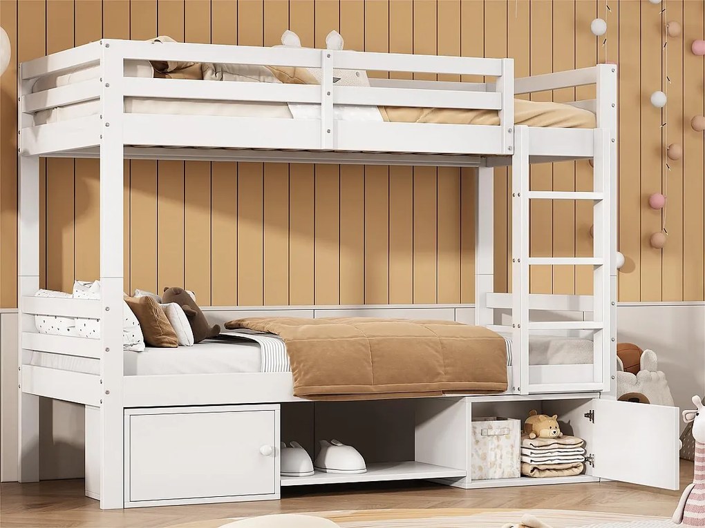 Łóżko piętrowe 90x200cm z litego drewna sosnowego z meblem do przechowywania i półką na buty - dzielone na 2 łóżka pojedyncze - Białe