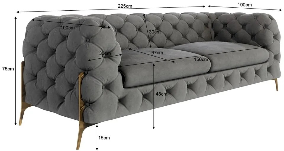 Szara aksamitna sofa 225 cm Chelsea Bis – Ropez