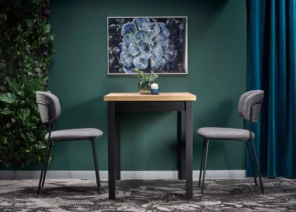Nowoczesny stół Dendy 120x68 cm prostokątny z blatem z płyty laminowanej w odcieniu dąb wotan i metalowymi czarnymi nogami