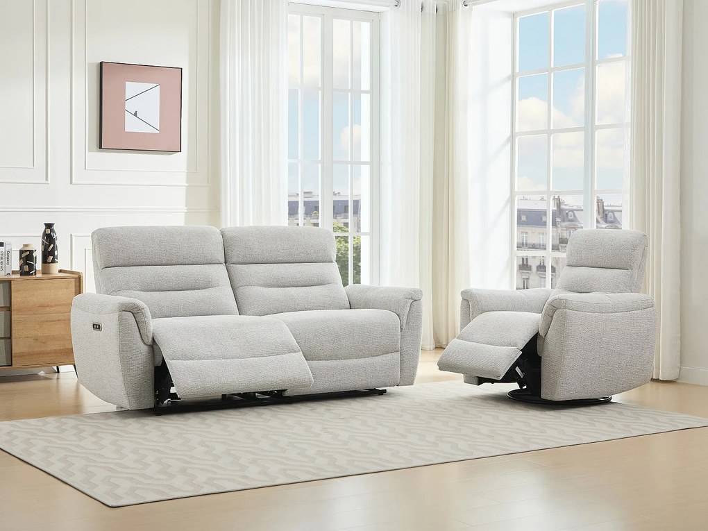Kanapa 3-osobowa i fotel elektryczny z funkcją relaksu, tapicerowane szarą tkaniną teksturowaną BREVIO