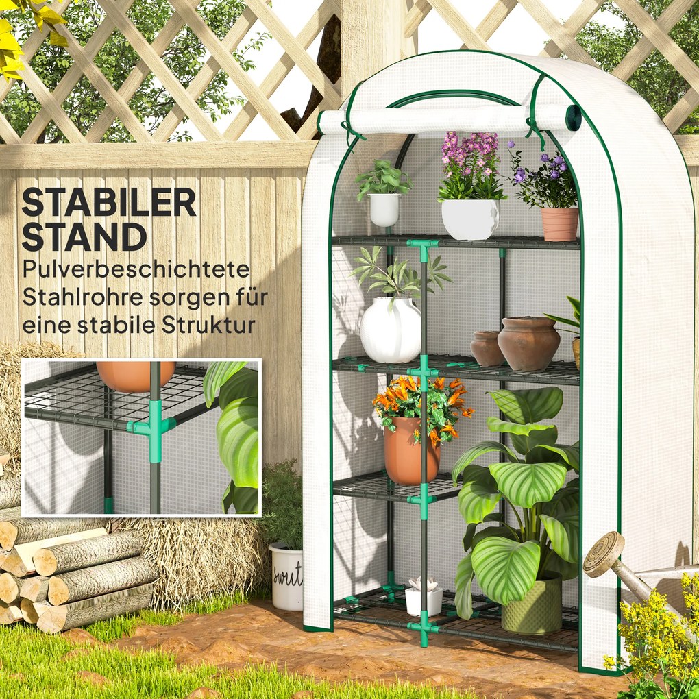 Outsunny Mini-szklarnia, 4-poziomowa szklarnia z folią plastikową, przenośna, z rolowanymi drzwiami, 100 x 45 x 160 cm, biała