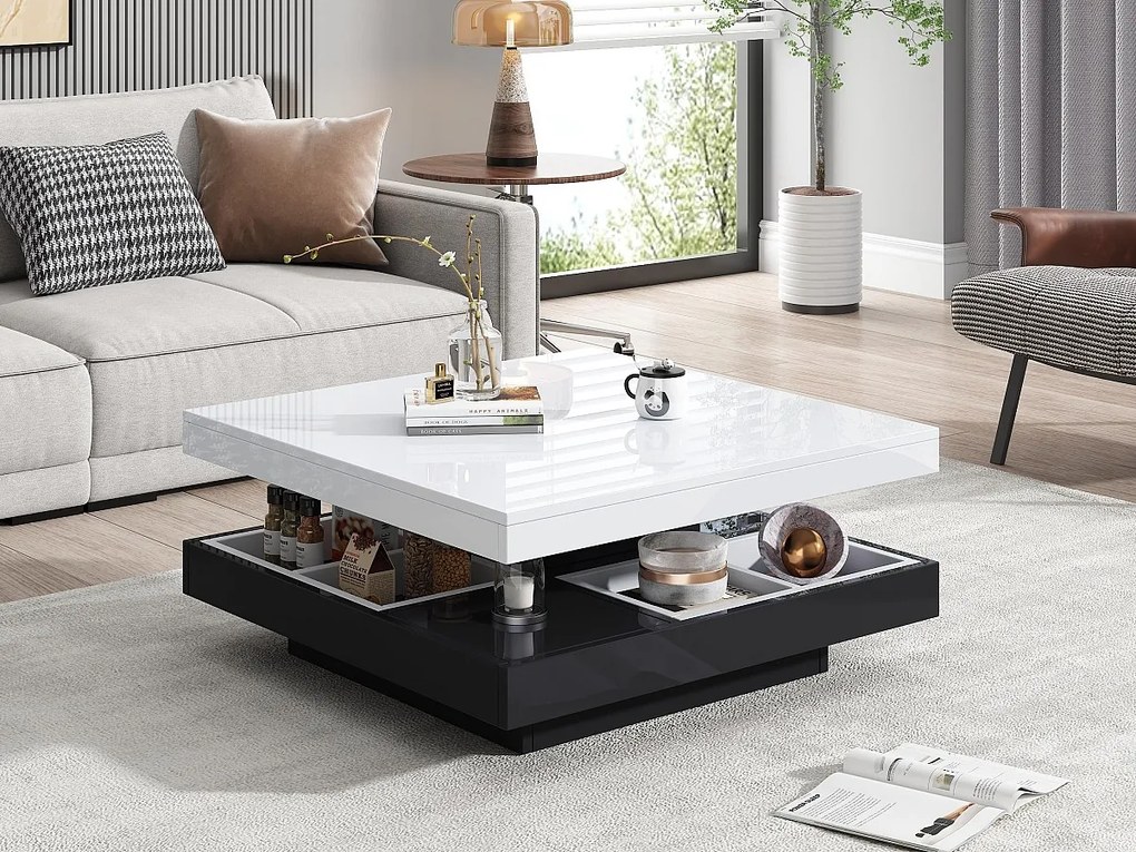 Stolik kawowy z przechowalnią 70x70x36 cm - błyszczący, obrotowy blat 360° - Biały i Czarny