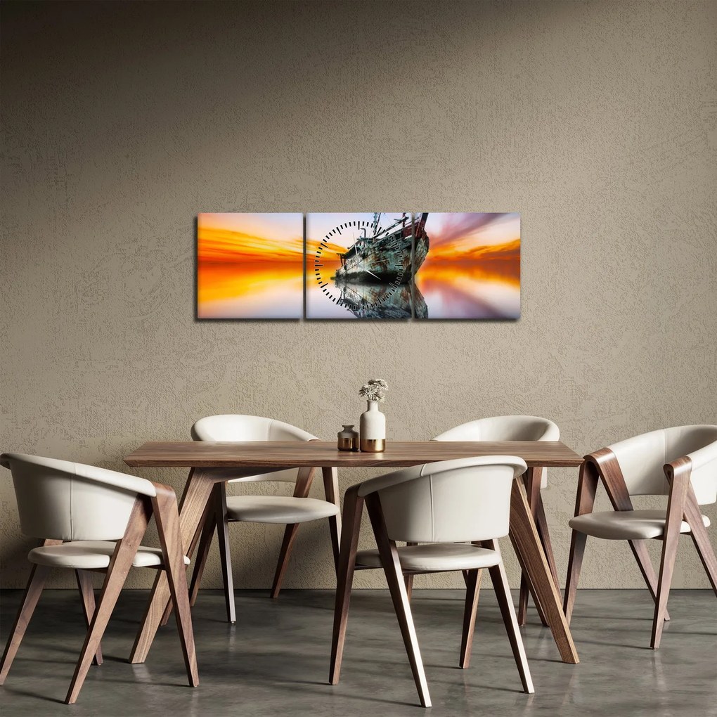 Obraz - Wschód słońca nad wrakiem łodzi (z zegarem) (90x30 cm)