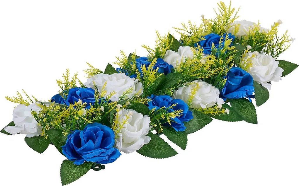 Liniowa Kompozycja Kwiatowa SucceBuy Sztuczna, Zestaw 10 szt., Sztuczne Kwiaty z Niebieskimi i Białymi Różami, do Dekoracji Stołu, Ślub, Przyjęcie