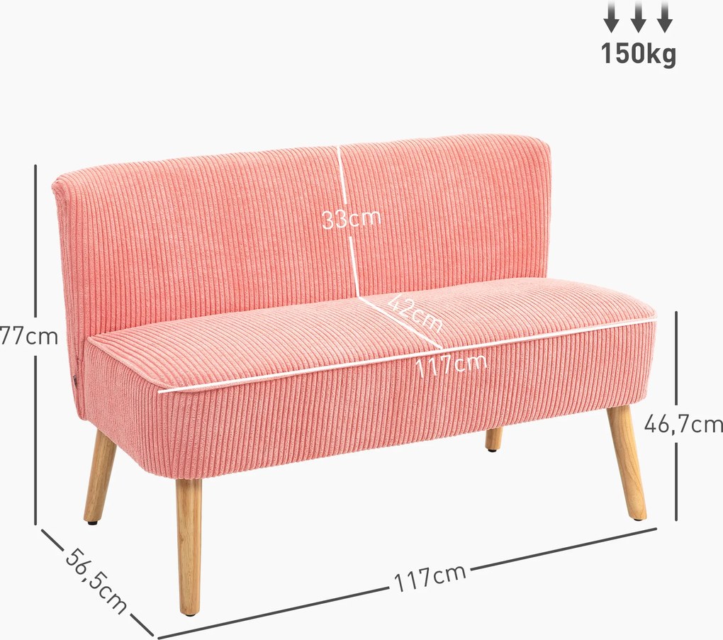 HOMCOM Sofa 2-osobowa, elegancki design skandynawski, solidna rama drewniana, do 150 kg, 117 x 56,5 x 77 cm, Różowa