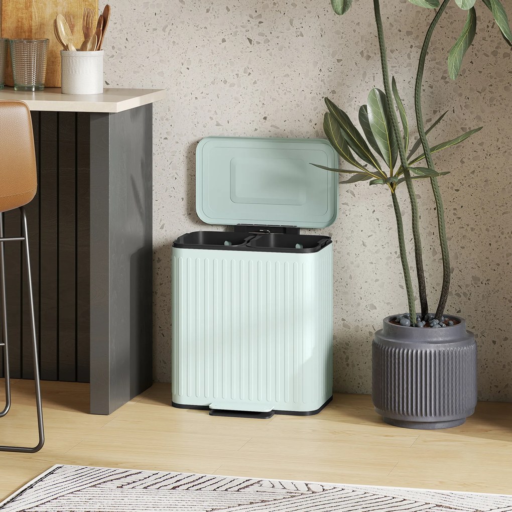 HOMCOM Kosz na śmieci do kuchni, 2 x 20 L, efektywne sortowanie odpadów, pedał nożny, tworzywo sztuczne, metal, zielony | Aosom PL